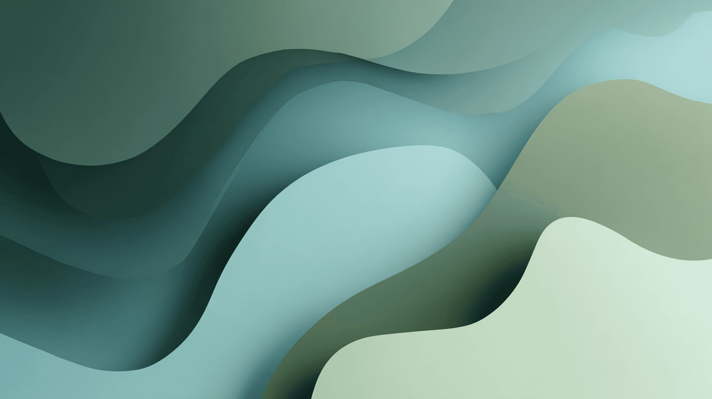 Gentle wave shapes and soft curves in muted blues and sage green for workshops section