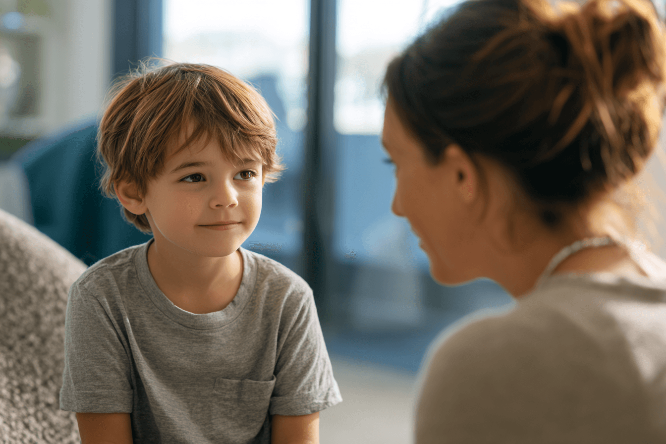 Child and tutor working together with interactive learning materials and games